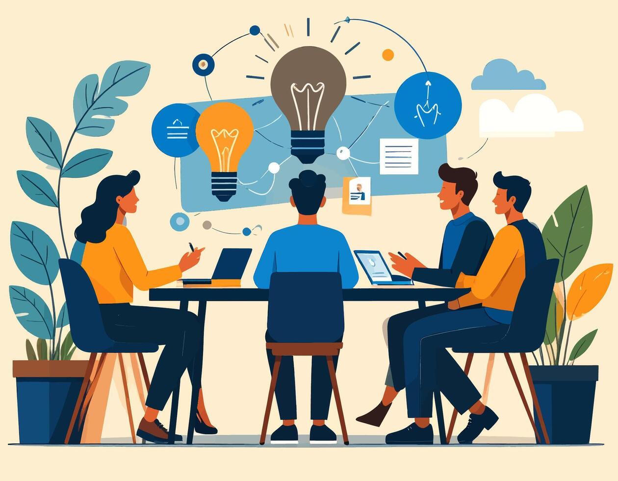 Team Brainstorming Session Around Table with Lightbulb Ideas vector