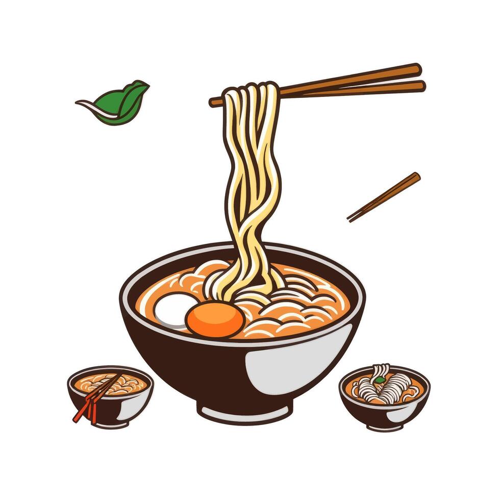Pixel Art Illustration of a Bowl of Noodles with Egg and Chopsticks vector