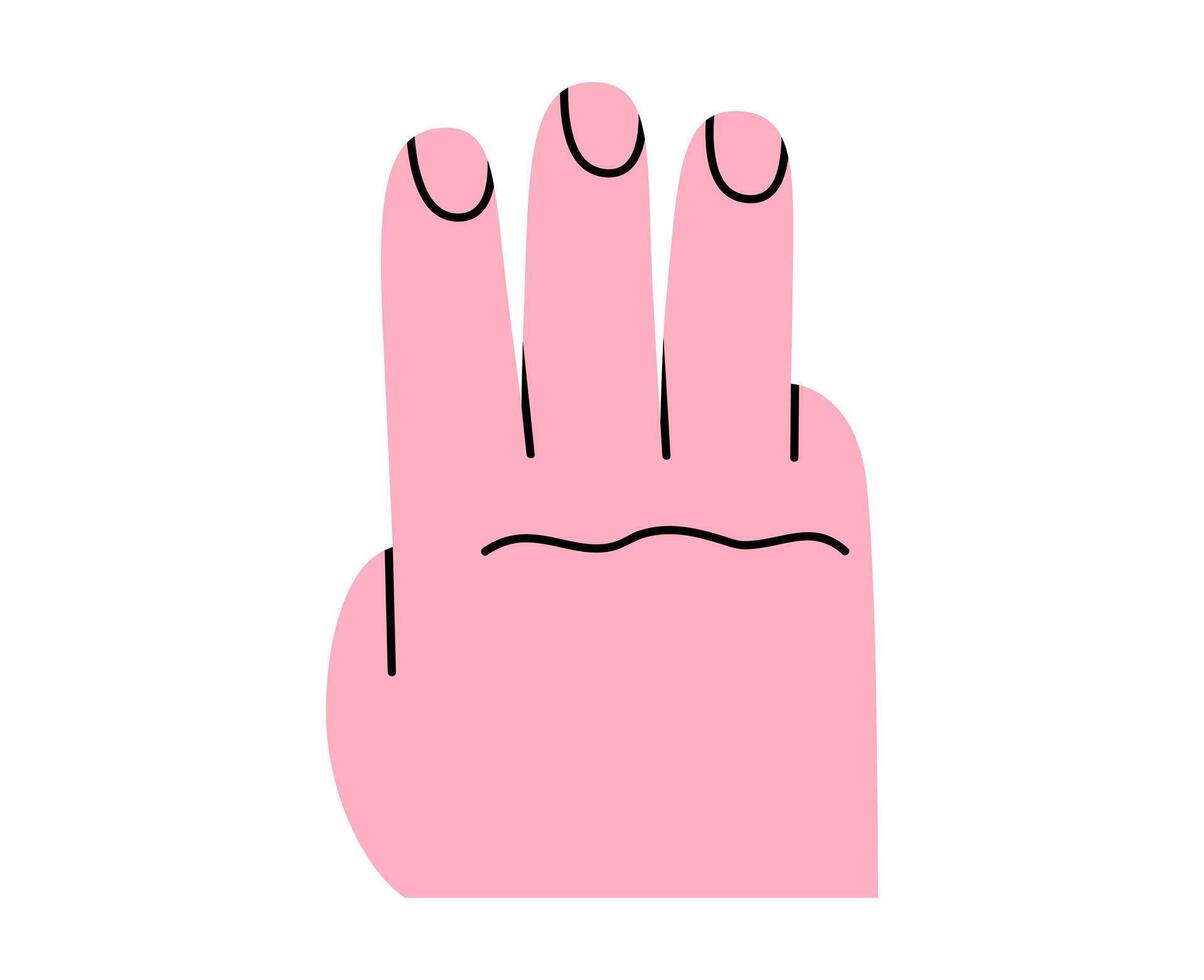 Hand drawn cute cartoon illustration of three fingers up human hand gesture. Flat salute arm sign doodle. Third number sticker. Counting icon. W or win symbol. Isolated. vector