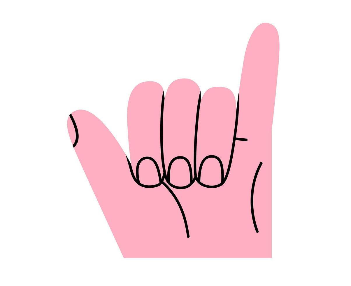Hand drawn cute cartoon illustration of shaka human hands gesture. Flat aloha arm sign doodle. Hang loose sticker. Call me concept icon. Greeting interaction. Isolated. vector