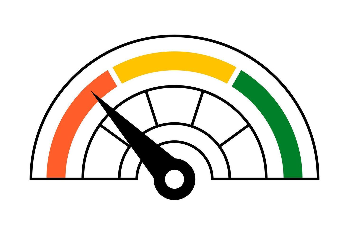 Hand drawn cute illustration of rating scale. Flat speedometer with three levels in colored doodle style. Credit score icon. Bad assessment. Measuring financial risks. Quality bar. Isolated. vector