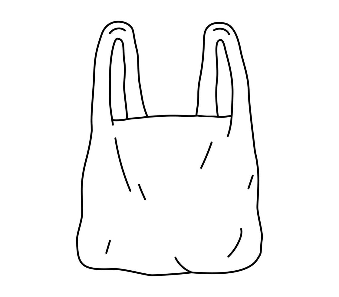 Hand drawn cute outline illustration of disposable shopping bag. Flat grocery plastic package, environmental pollution design in line art doodle. Ecology sticker or icon. Isolated. vector