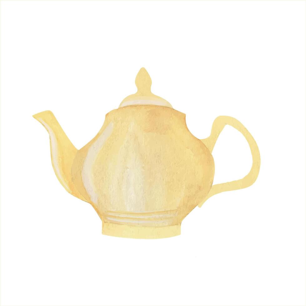 Ceramic yellow teapot delicate handle and lid watercolor hand drawn composition isolated from the background. Design for greeting cards, poster, print, sticker. Tea shop or store watercolor concept vector
