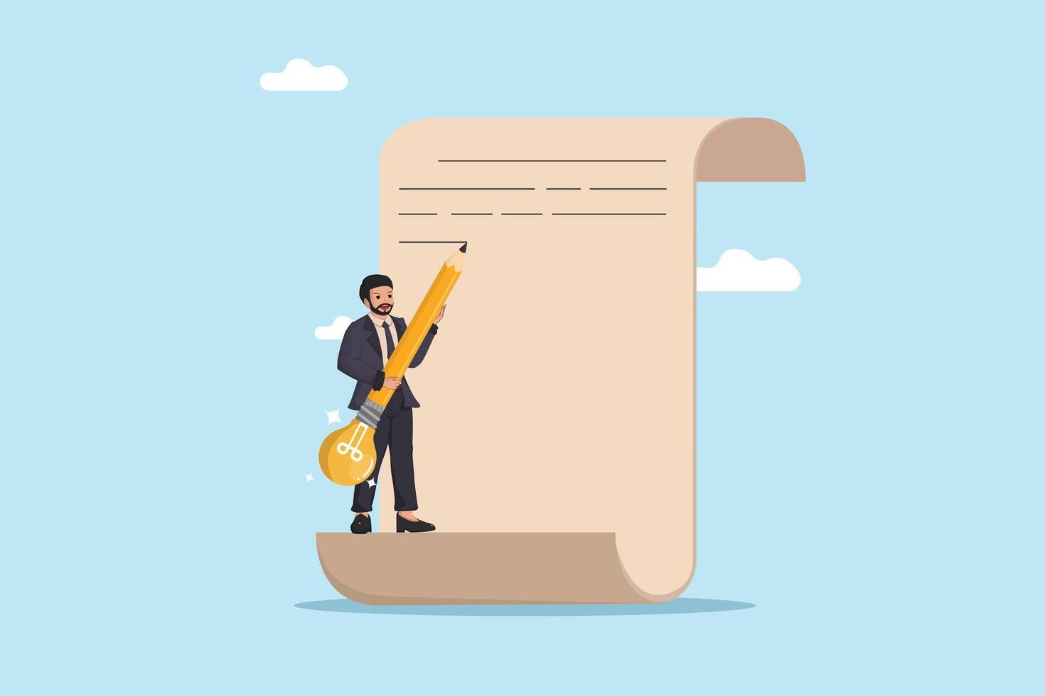 Documenting Creative Ideas Illustration of a Businessman Writing on a Large Scroll with a Pencil Featuring a Light Bulb, Representing the Process of Recording Innovative Concepts. vector