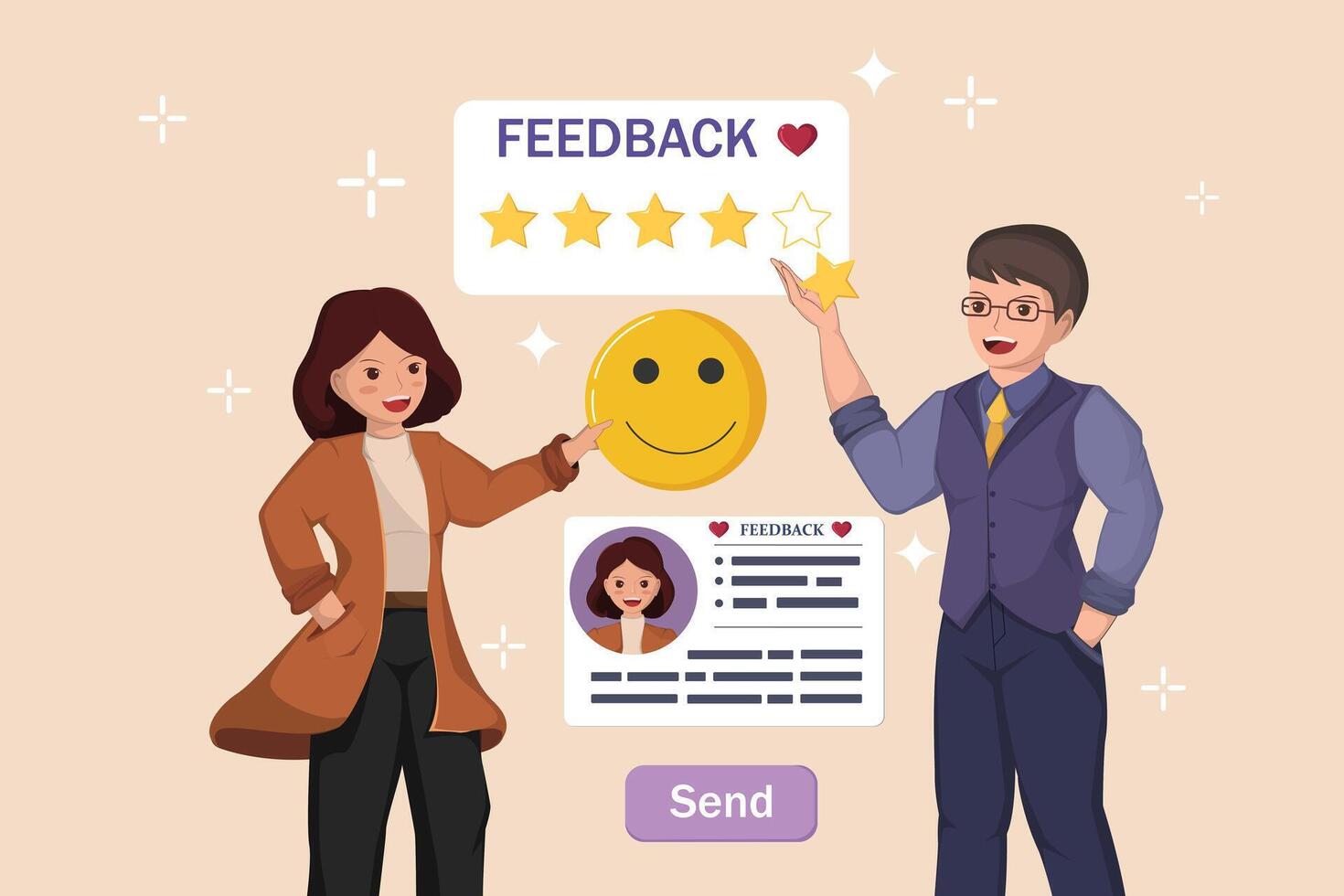 Customer feedback reply concept illustrated with a happy person receiving a five-star rating and a positive message. vector