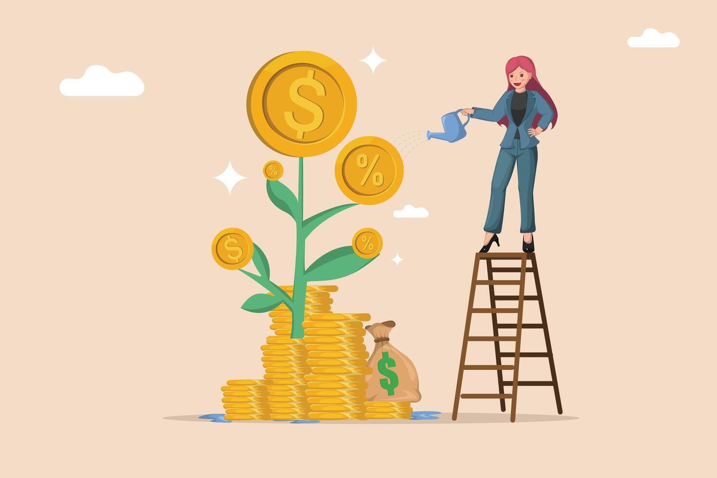 Businesswoman on a Ladder Watering a Plant with Dollar Coin Flowers and Percentage Sign Fruits Growing from Stacks of Money. vector