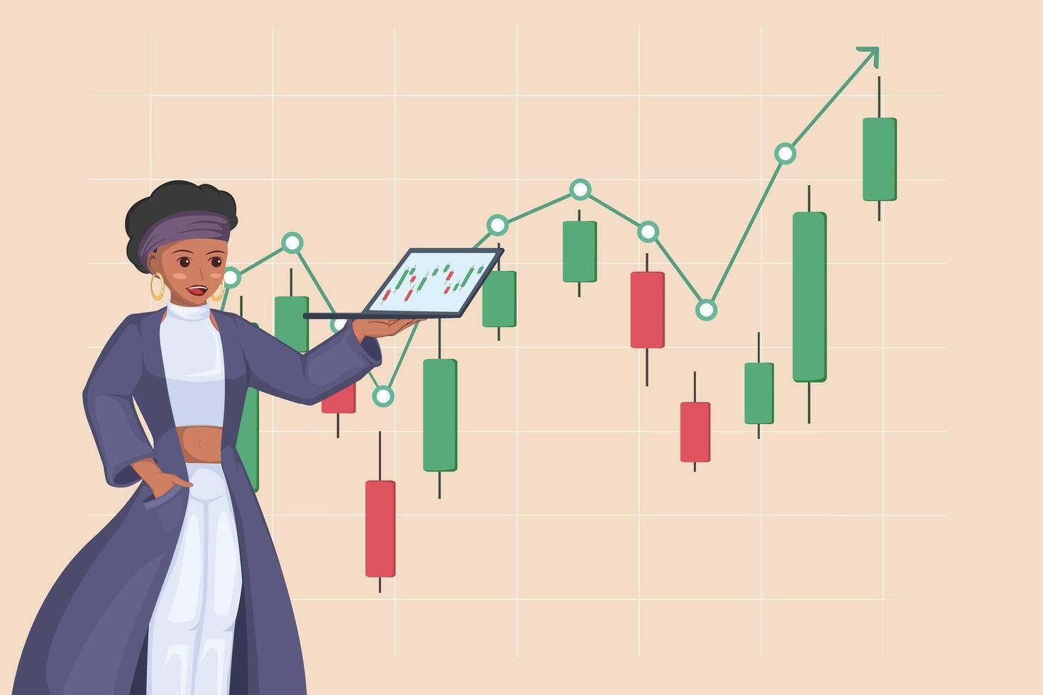 Analyzing Stock Market Trends A Businesswoman Holding a Laptop Displaying Candlestick Charts with an Upward Trajectory. vector