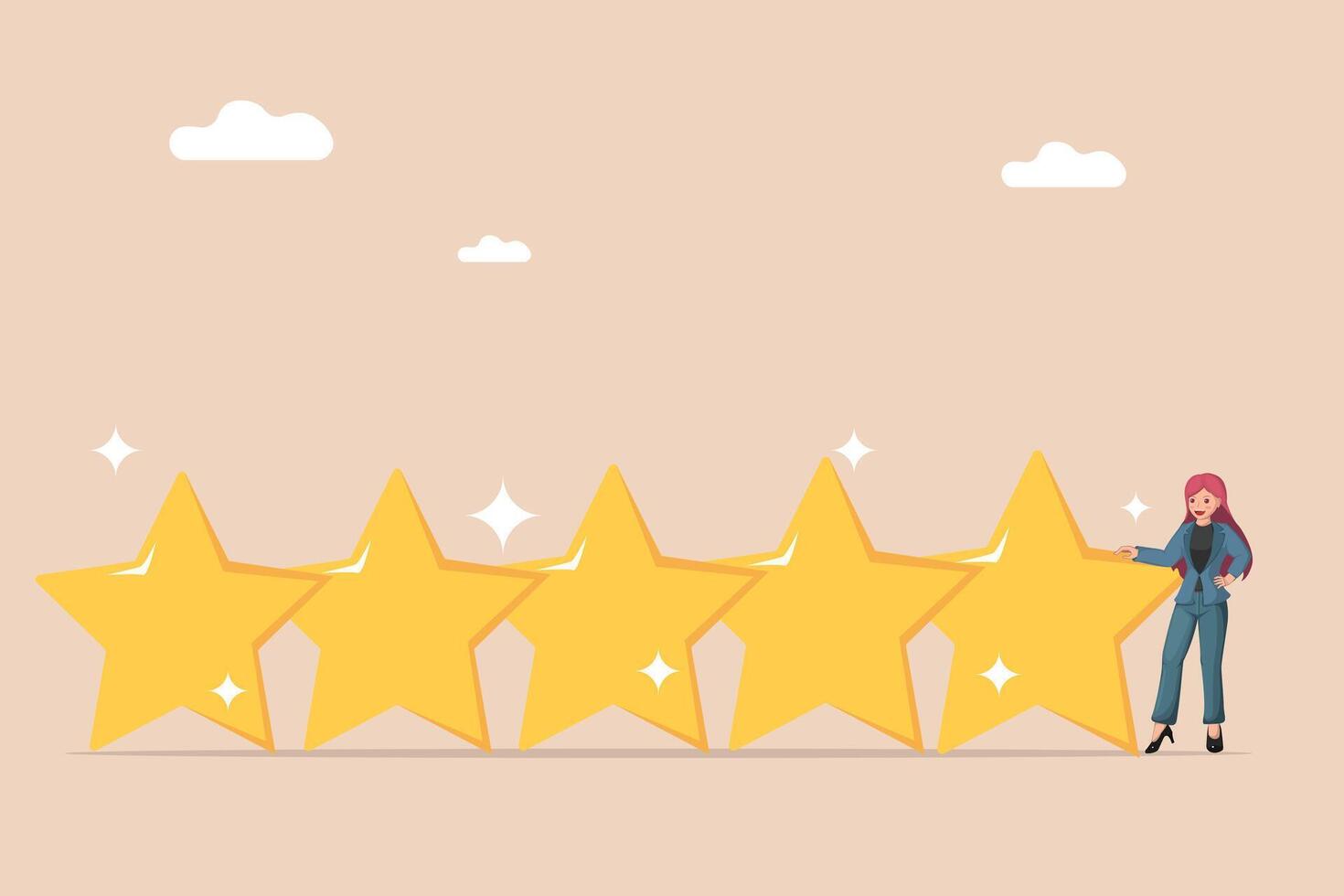 A Businesswoman Proudly Presenting a Row of Five Gold Stars, Symbolizing Top Quality and Customer Satisfaction. vector
