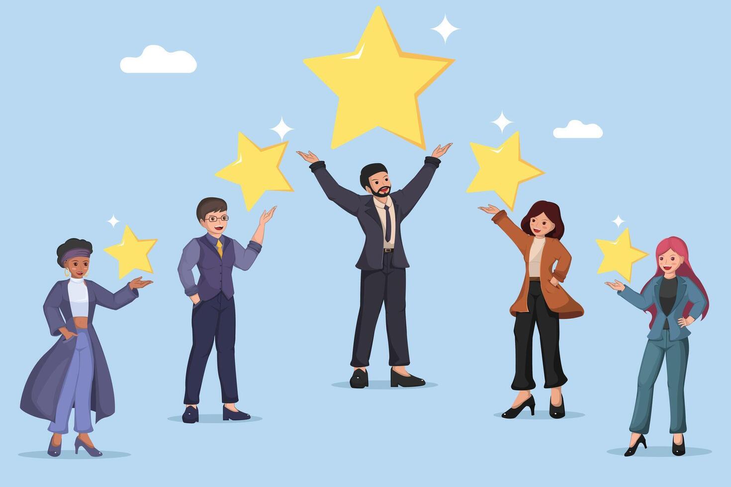 Business Team Celebrating Success with Five Star Rating and Positive Feedback Concept. vector