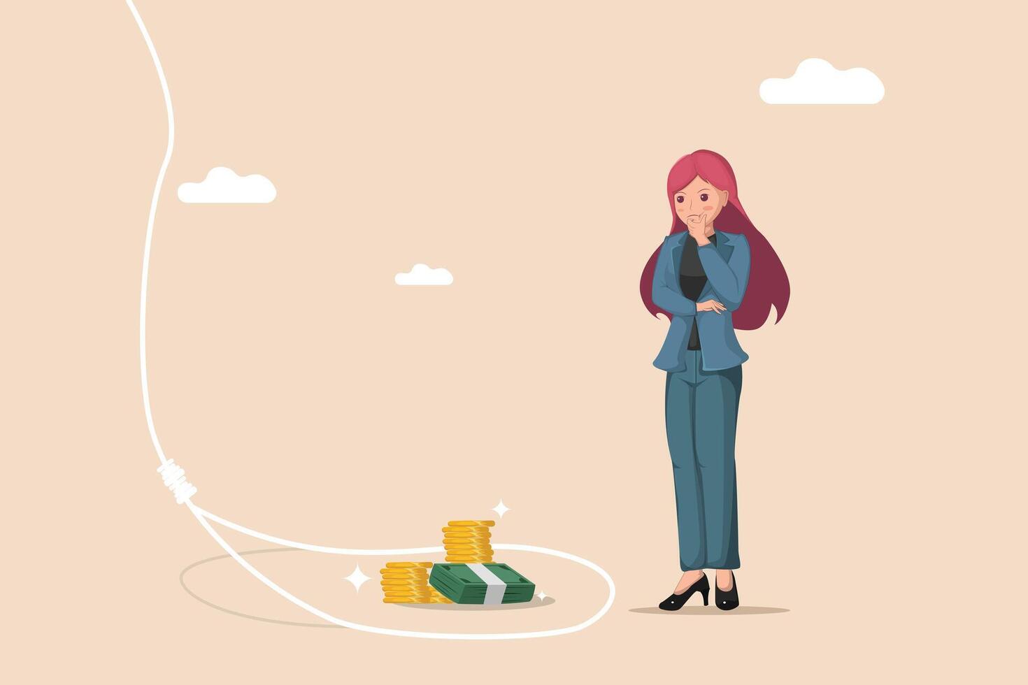 The Trap of Easy Money a Businesswoman Contemplating a Pile of Cash and Coins within a Rope Lasso. Concept Trap Investment. vector
