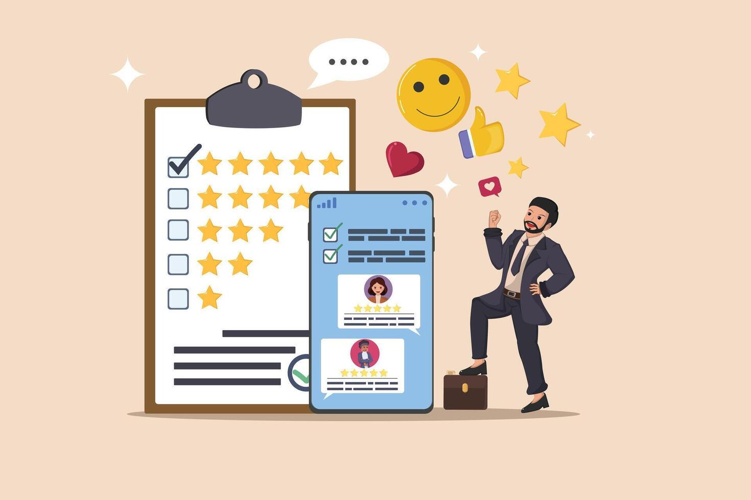 A Businessman Showcases a Clipboard with Top Star Ratings and a Mobile Phone Displaying Excellent Customer Reviews and Engagement Icons. vector