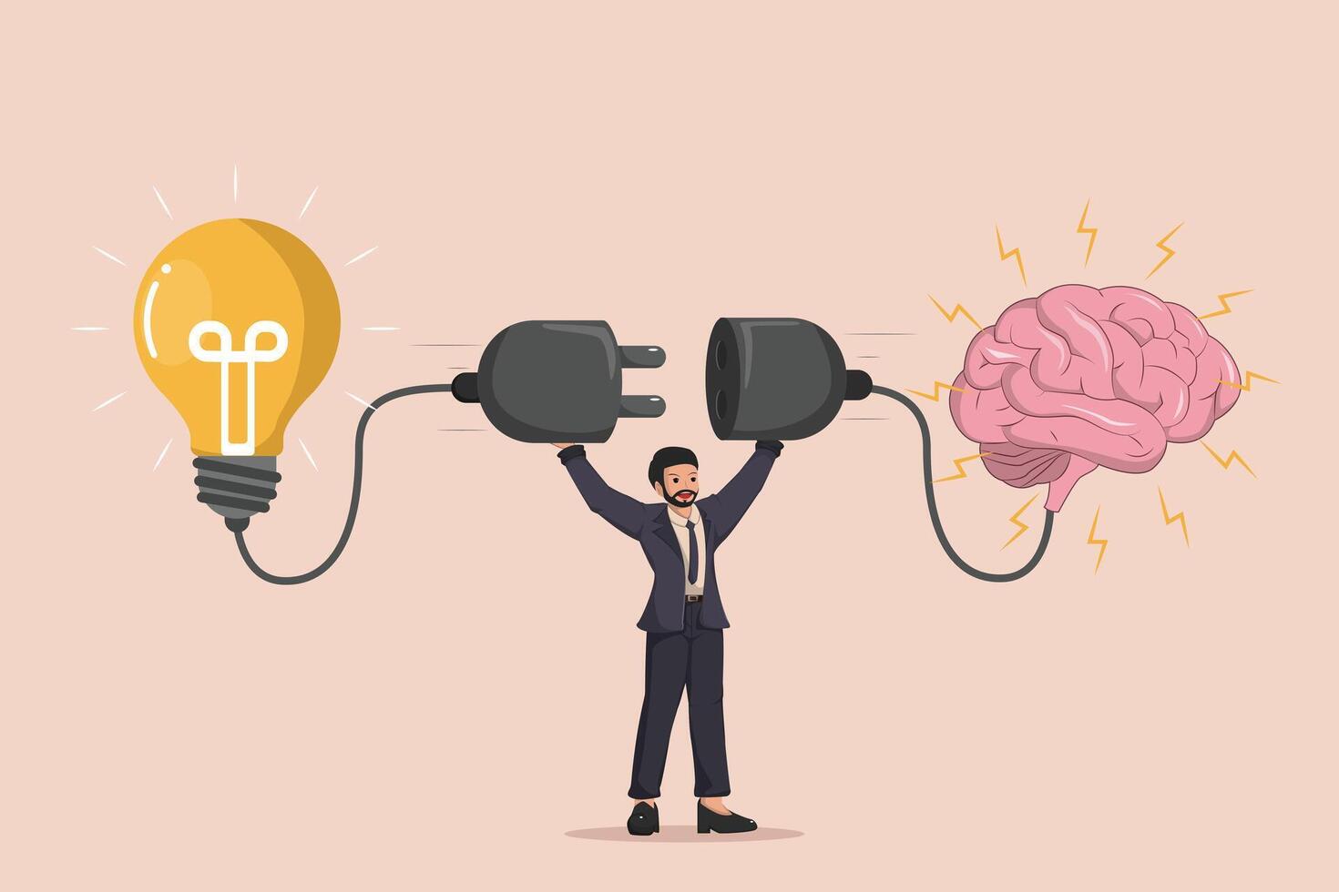 Connecting Ideas and the Brain an Illustration of a Businessman Linking a Light Bulb Idea to a Brain Thought with Electrical Plugs. Giving rise to new ideas. vector