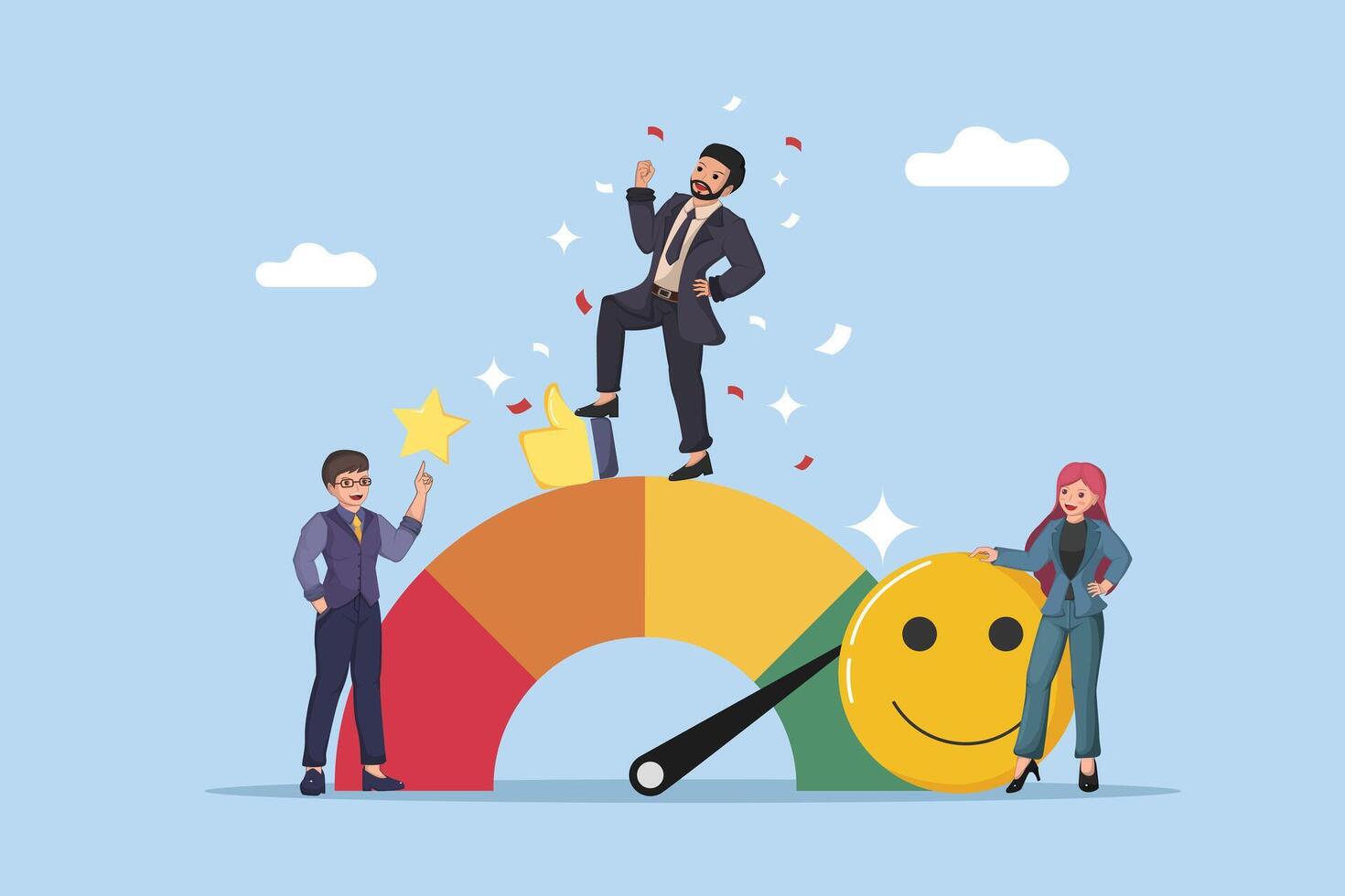 Customer Satisfaction and Quality Service Feedback with Business Team and Rating Gauge Illustration. vector