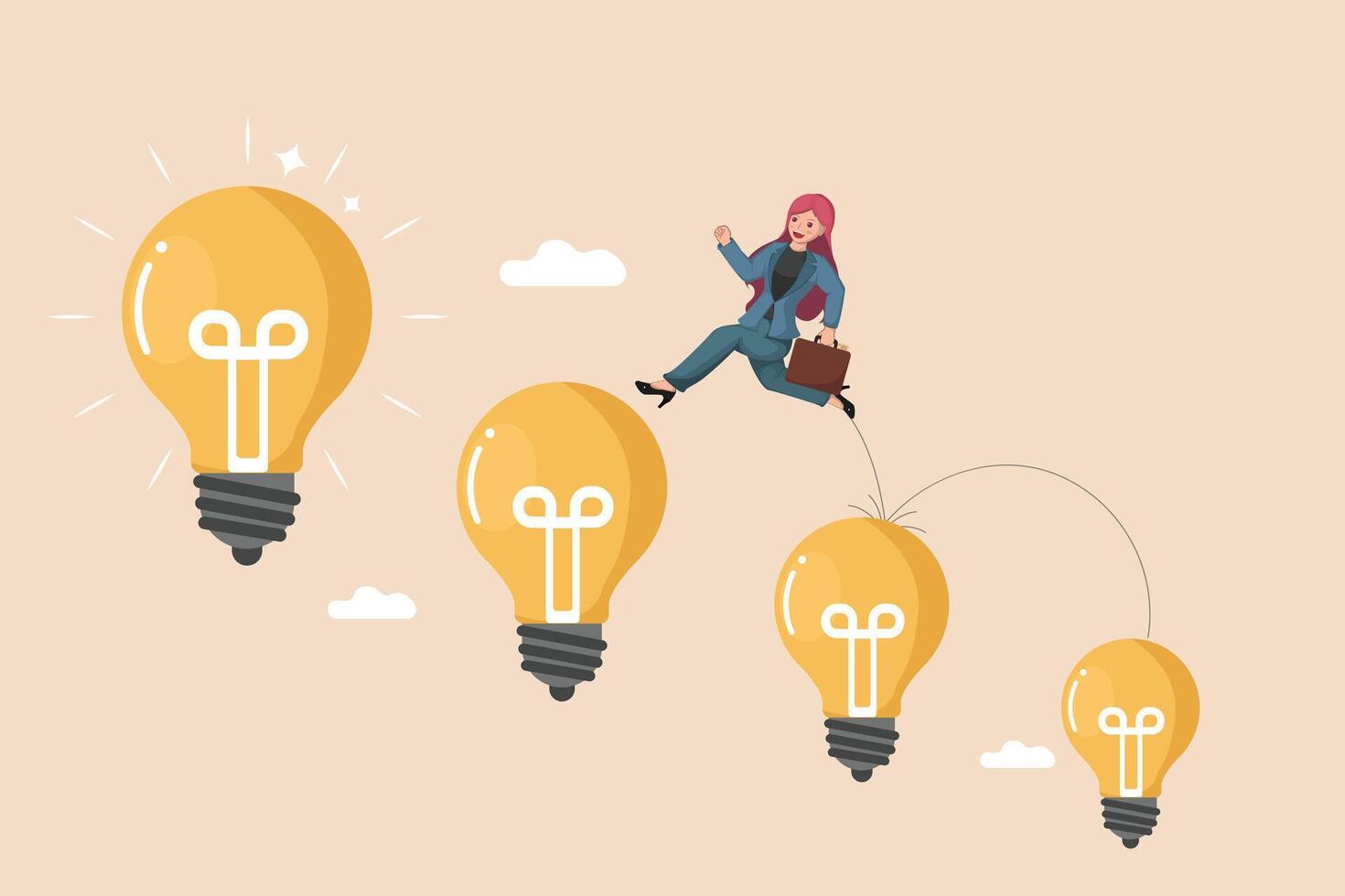 Leaping Over Ideas for Business Growth Illustration Showing a Businesswoman Jumping Across a Series of Progressively Larger Glowing Light Bulbs. vector