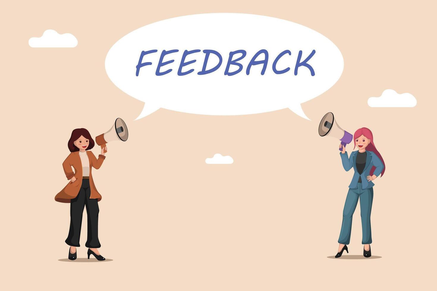Amplifying Feedback Two Businesswomen Using Megaphones to Broadcast the Importance of Opinions and Reviews. vector