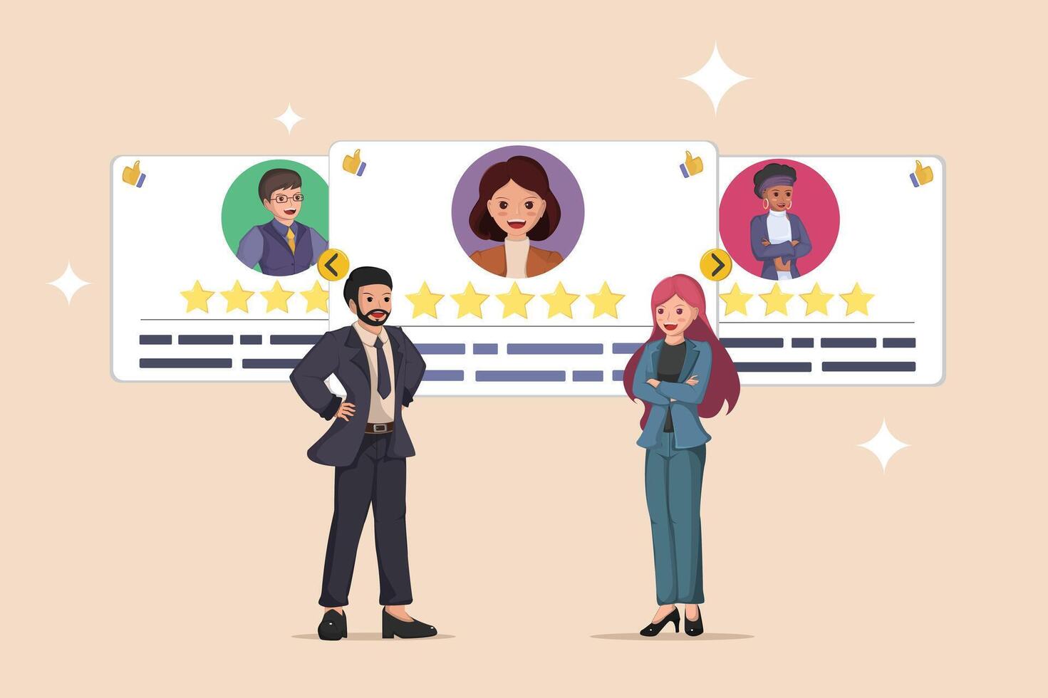 Customer Testimonials and Ratings Business Professionals Presenting Positive Feedback with Five Star Reviews and Thumbs-Up Icons from Satisfied Clients. vector