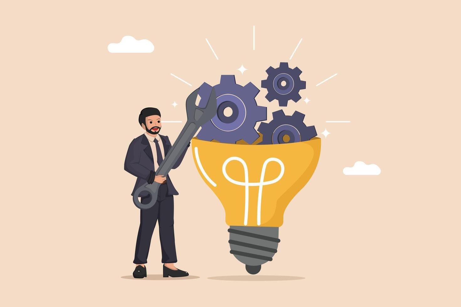 Developing Innovative Solutions Illustration of a Businessman Using a Wrench to Assemble Gears Inside a Light Bulb, Representing the Process of Building Creative Ideas. vector