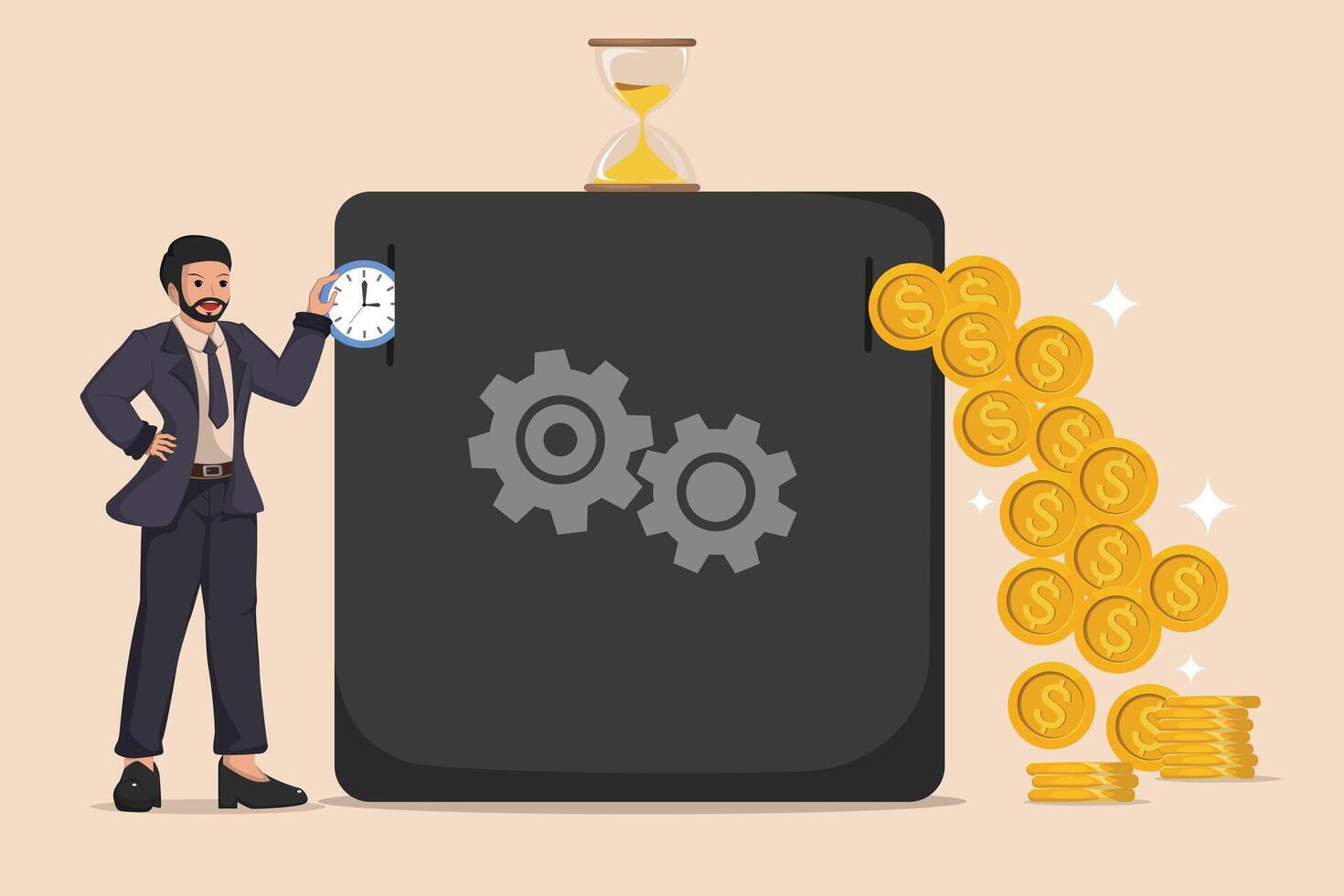 Time is Money Management Concept Businessman Holding a Clock Next to a Safe with Gears, an Hourglass on Top, and a Flow of Gold Coins vector