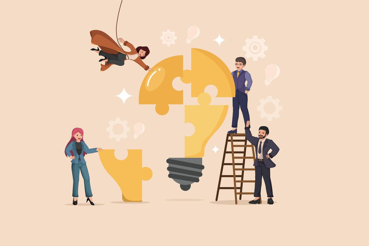 Collaborative Innovation and Problem Solving Depicting a Team Working Together to Complete a Large Light Bulb Made of Puzzle Pieces. vector