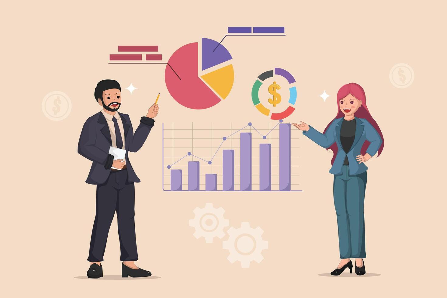 Analyzing Business Data and Financial Performance A Businessman Presenting a Pie Chart and a Businesswoman Gesturing Towards a Growing Bar Graph with Financial Icons. vector