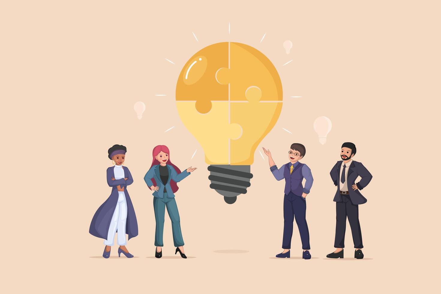 Piecing Together Ideas Diverse Business Team Collaborating Around a Large Light Bulb Made of Puzzle Pieces, Symbolizing Collective Problem Solving and Innovation. vector