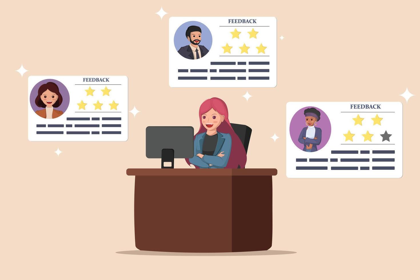 Illustration of Businesswoman Analyzing Employee Feedback and Performance Ratings on Computer Screen. vector