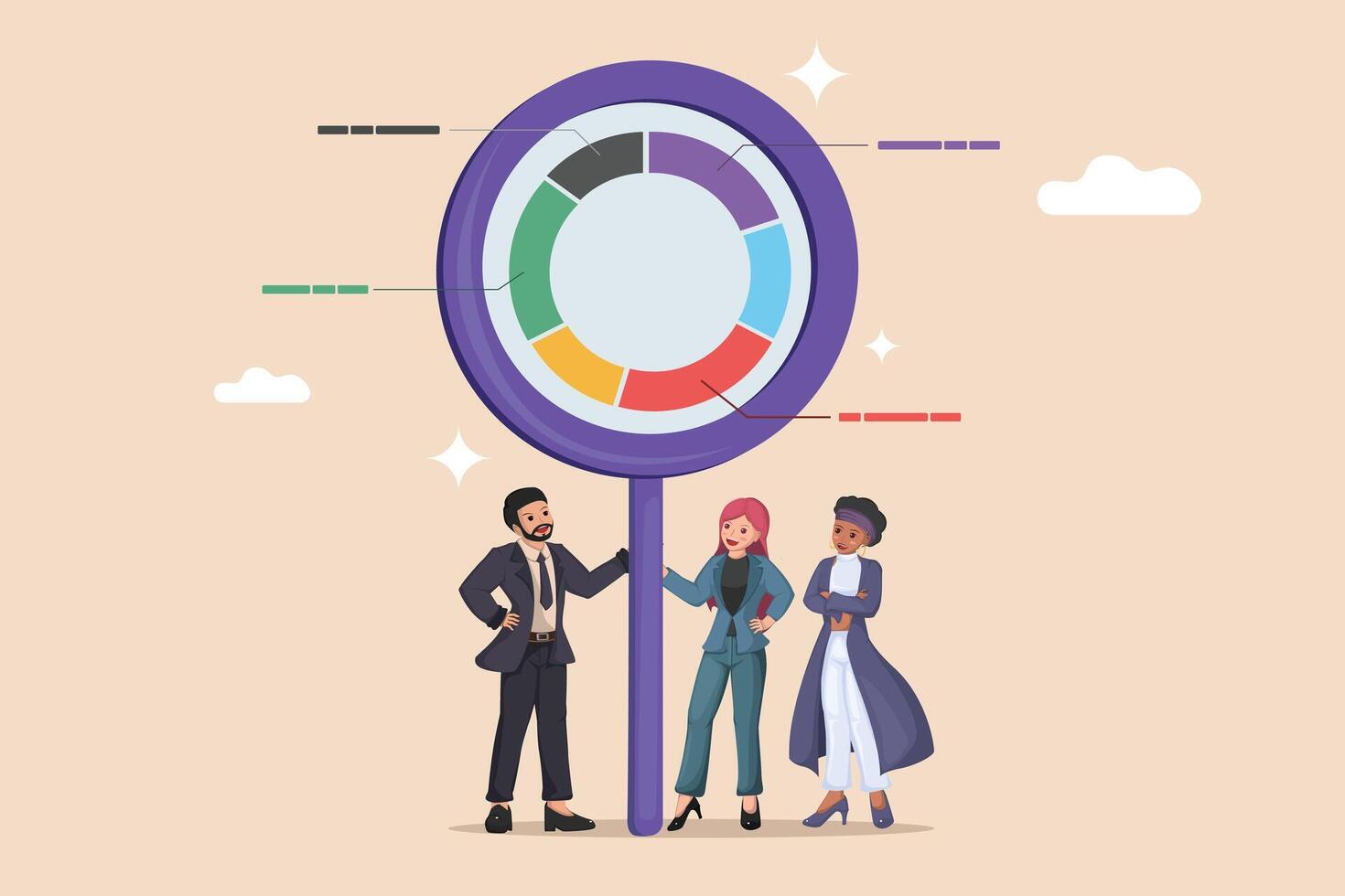 Analyzing Market Segmentation A Team of Professionals Examining a Multi-Colored Pie Chart with a Large Magnifying Glass. vector