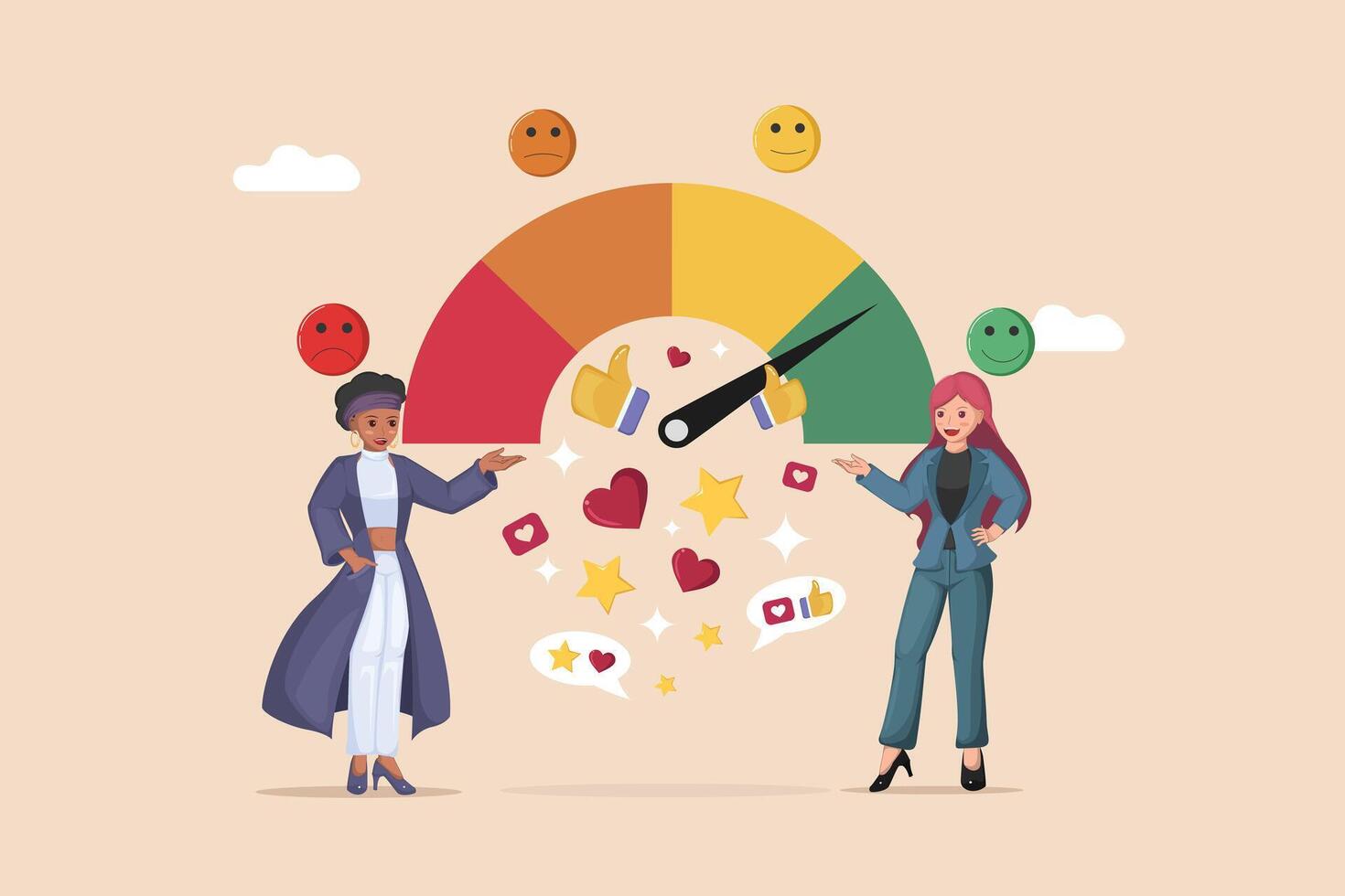 Two Businesswomen Presenting a Gauge Indicating Positive Feedback with Smiles, Thumbs Up, Hearts, and Star Icons. vector