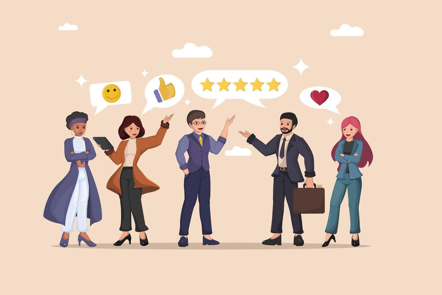 Concept Positive Feedback Professionals Expressing Satisfaction with Smiley Faces, Thumbs Up, Five-Star Ratings. vector