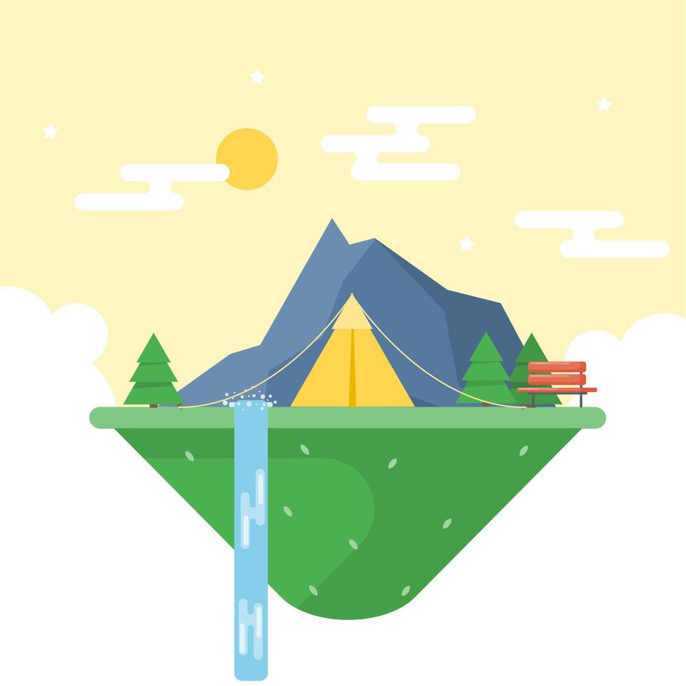 summer scenery with waterfall and comfortable park bench, comfortable tent for camping vector