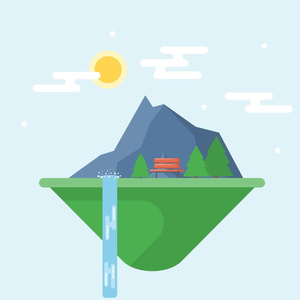 summer scene with waterfall and comfortable park bench vector