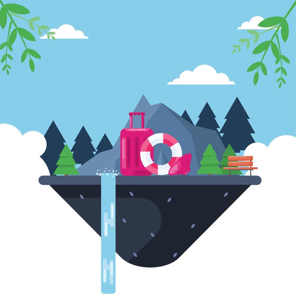 summer scene with waterfall and comfortable park bench, camping equipment and suitcases vector