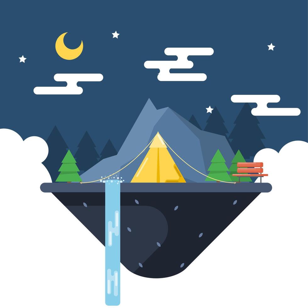 Night summer scenery with waterfall and comfortable park bench, comfortable tent for camping vector