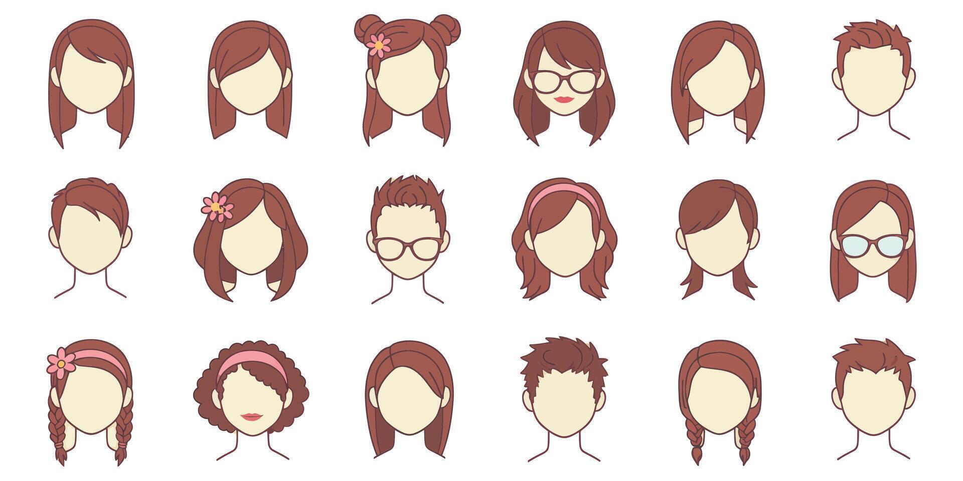 Variety of Cartoon Hairstyles and Accessories Without Face vector