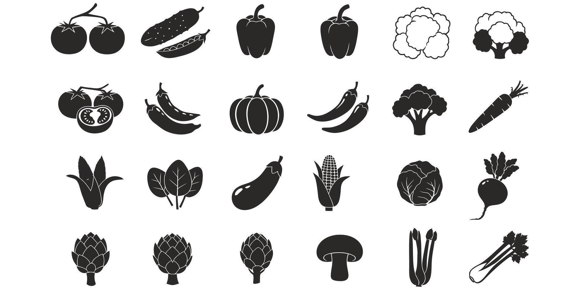 Assorted Vegetables and Fruits Collection Black and White Set vector