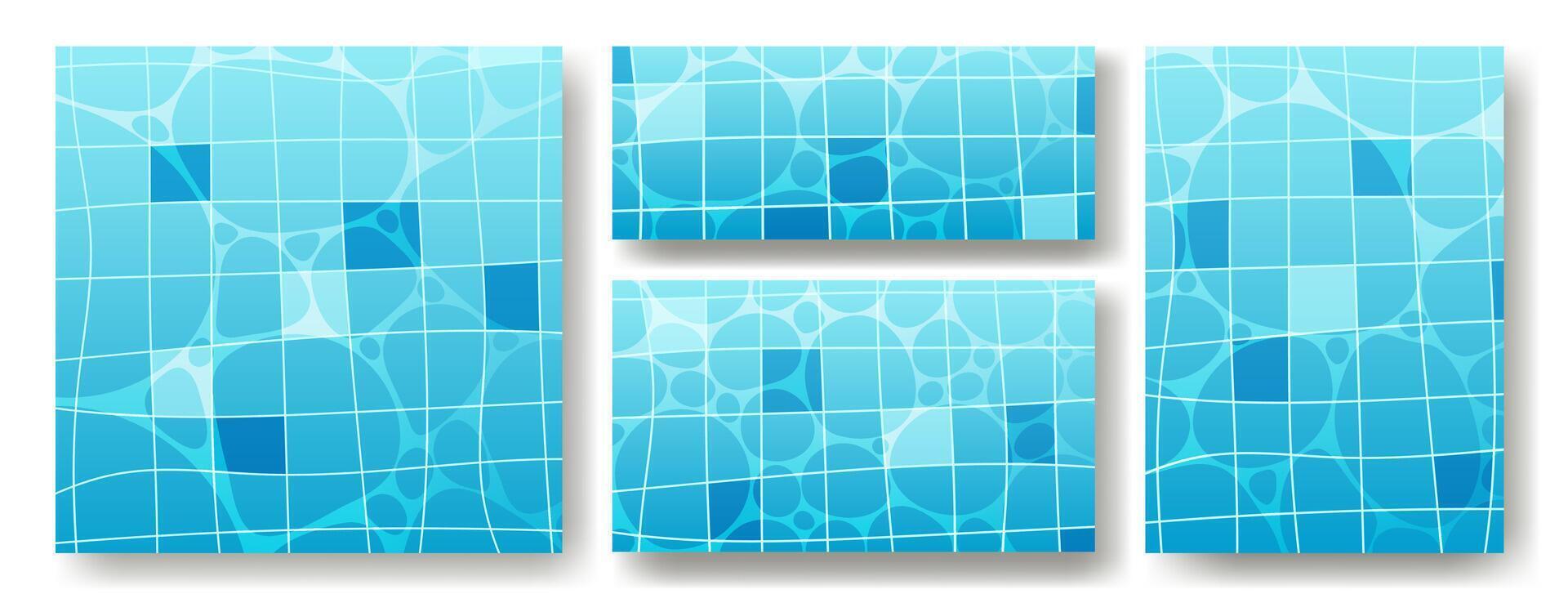 Swimming pool with tiles on the bottom, top view. Summer background. Texture of summer water surface with caustic ripples. Illustration of ripples on the water surface. vector