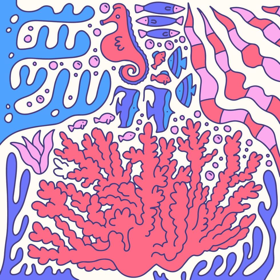 Abstract doodle summer sea ornate background. Contour hand drawing with seaweed, corals, fish. Simple modern style illustrated design for fabric, print, cover, banner and wallpaper. vector