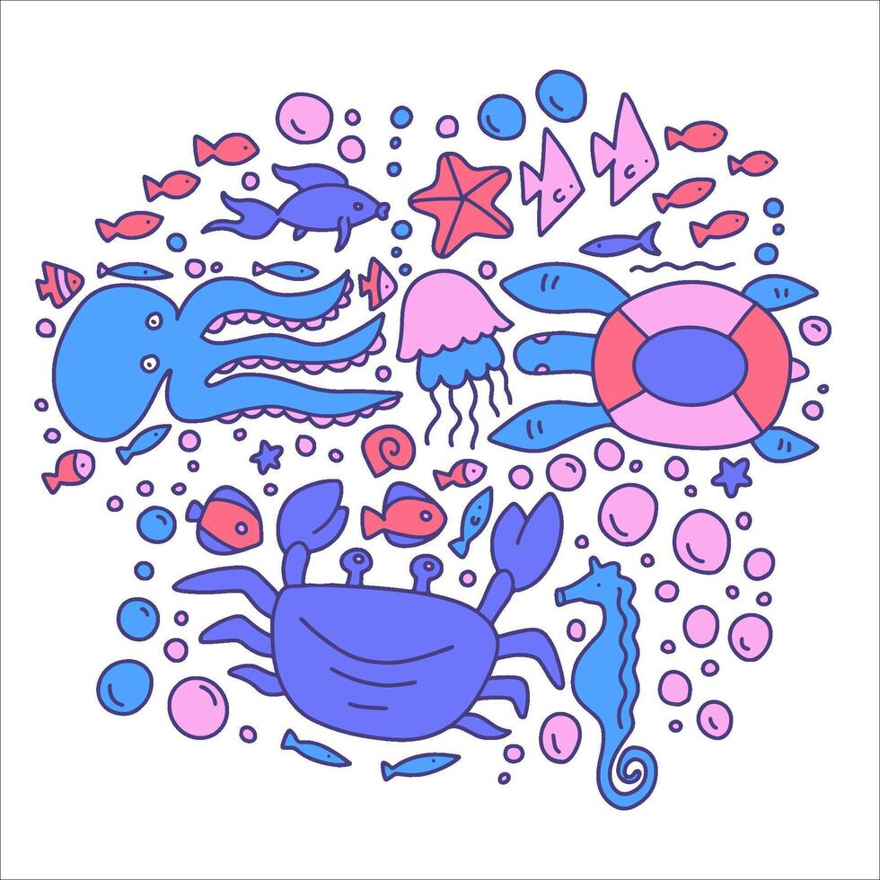 Isolated cute cartoon tropical sea creatures set - jellyfish, turtle, crab and various fish. Colorful contour outline drawings vector