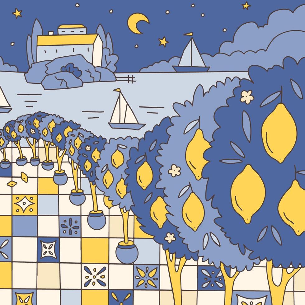 Summer night landscape with Potted Lemon trees, Italian tiles floor on the Mediterranean coast in trippy doodle style. Vintage summer evening vibe. Flat hand drawn illustration. vector