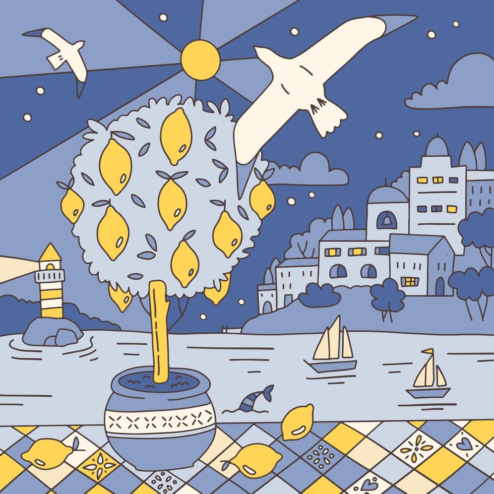 Lemon night landscape with seagulls on the Mediterranean coast in trippy doodle style. Vintage evening summer vibe. Flat hand drawn illustration. vector