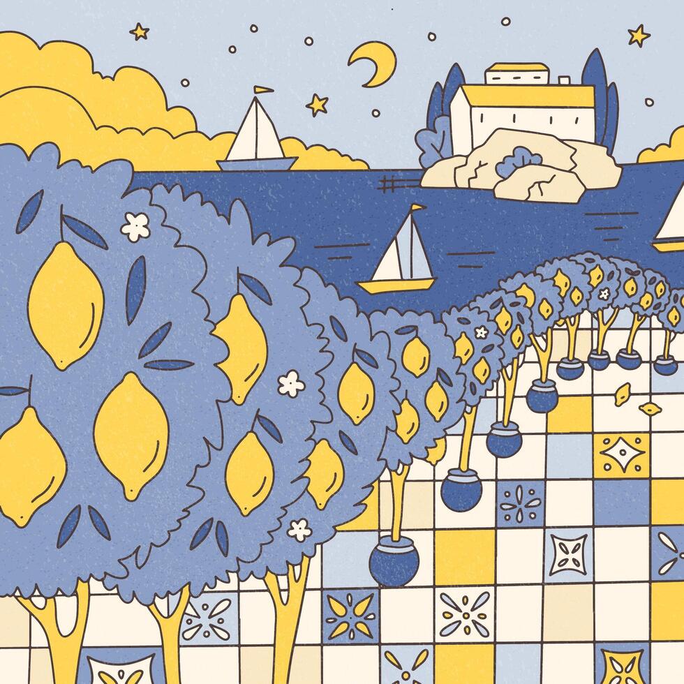 Summer landscape with Potted Lemon trees, Italian tiles floor on the Mediterranean coast in trippy doodle style. Vintage summer vibe. Flat hand drawn illustration. vector