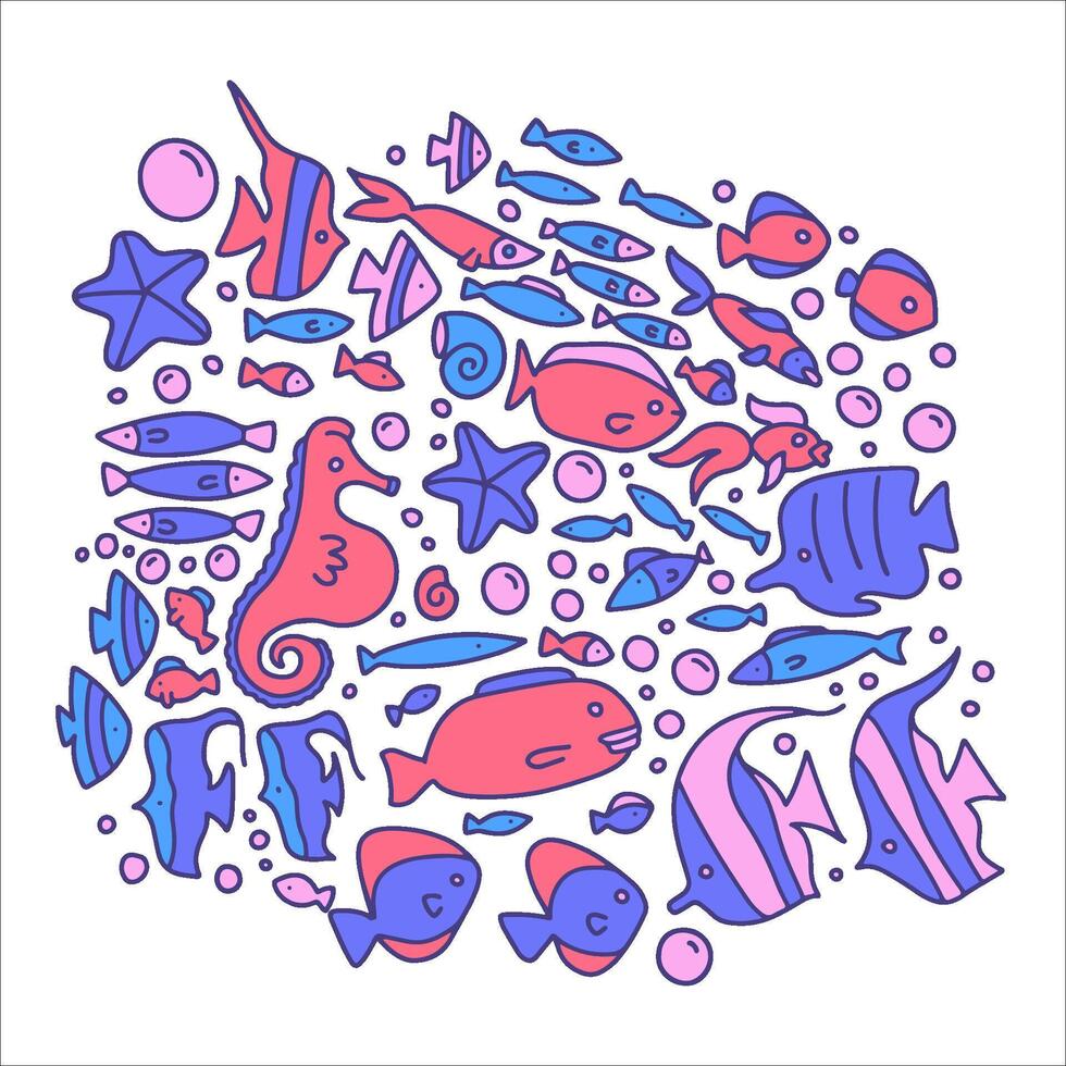 Abstract ocean fish in vintage doodle design. contour color illustration vector