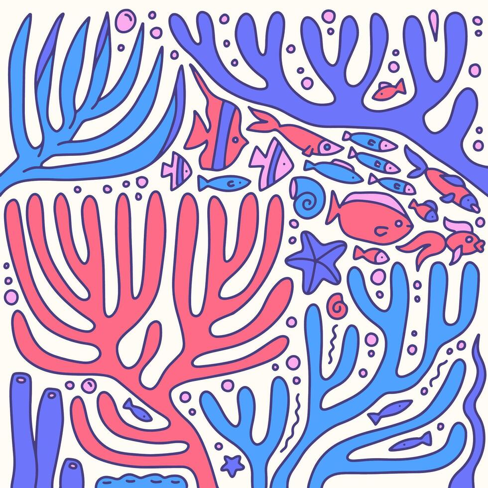 Hand drawn doodle underwater natural ornate composition. Sketch of reef corals and swimming fishes. Colorful contour illustration. vector