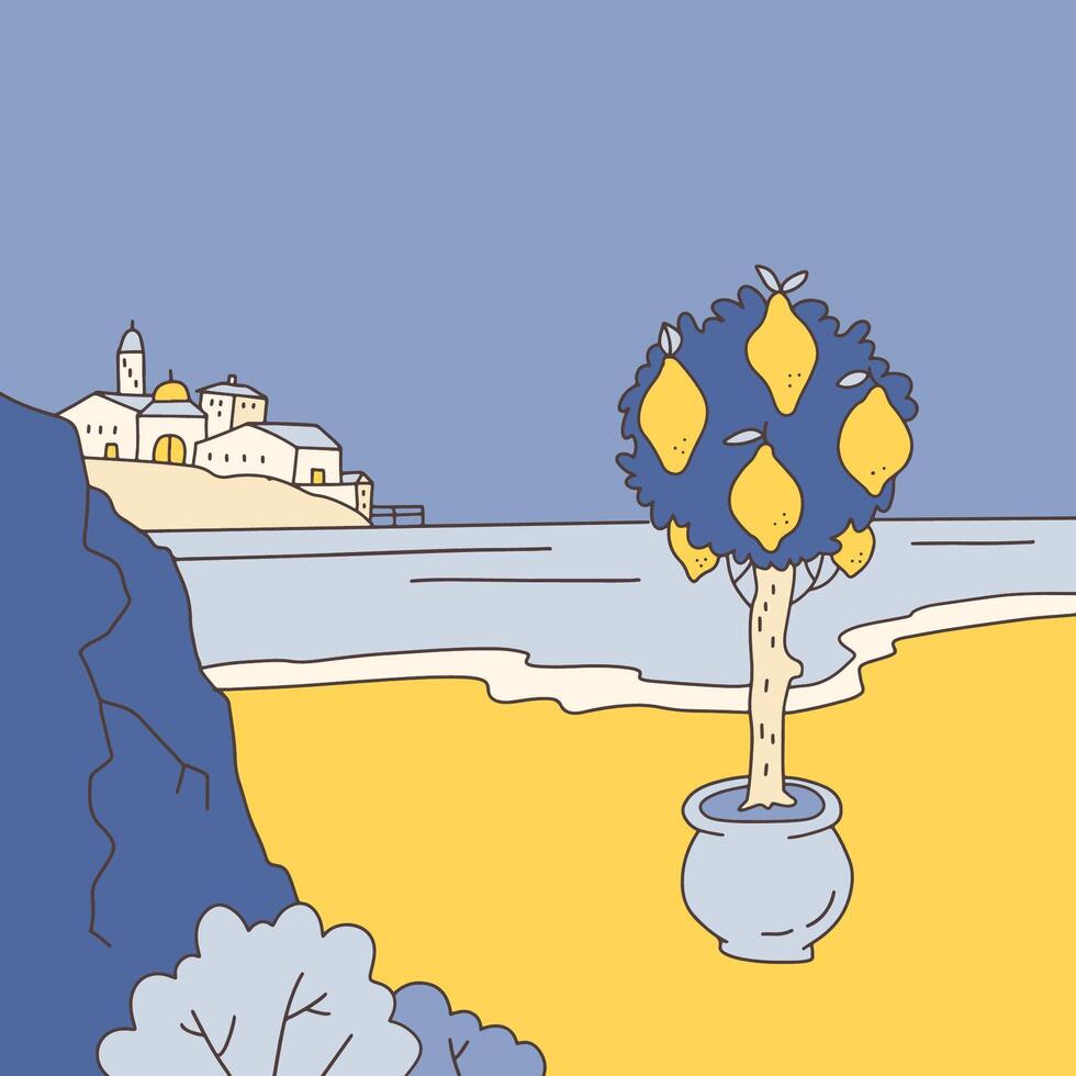Mediterranean Coast. Colorful banner with Italian landscape and buildings, sea and potted lemon tree. Nature and architecture of Amalfi town. Travel tourism concept. Cartoon doodle illustration vector