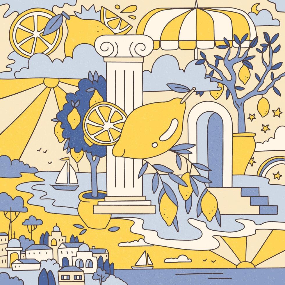 Psychedelic composition on the theme of juicy lemons and summer holidays on the shore of the Mediterranean Sea in the style of trippy doodle. Vintage summer vibe. Flat hand drawn illustration. vector