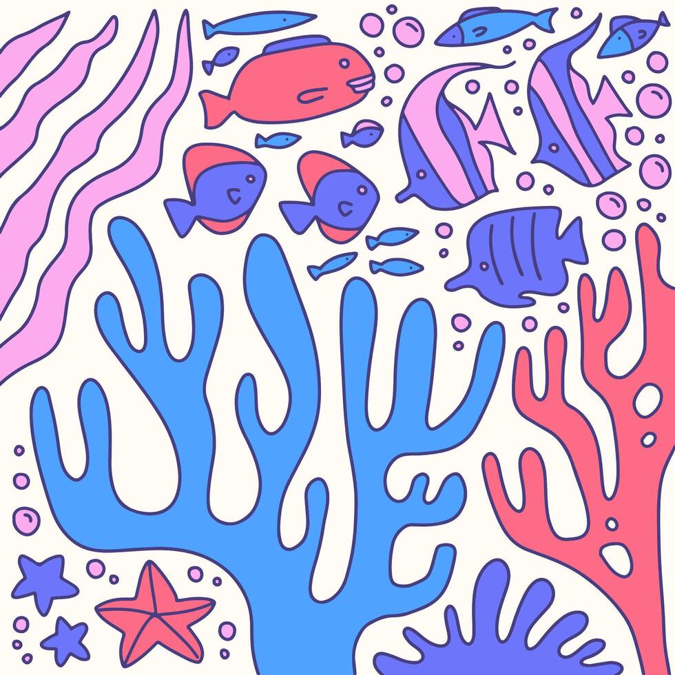 Exotic coral reef underwater nature life square hand drawn doodle concept. flat simple childish graphic design element. Naive summer composition. vector