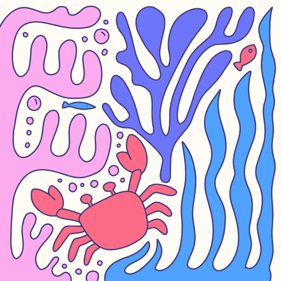 Square composition of Sea bottom with creature animals fish and plants. Underwater marine flat groovy cartoon graphic design illustration vector