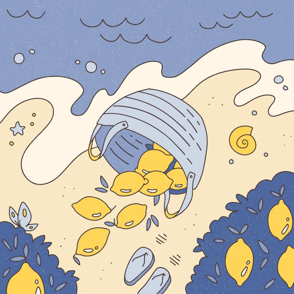 Basket of scattered lemons on the Mediterranean shore in trippy doodle style. Vintage summer vibe. Flat hand drawn illustration. vector