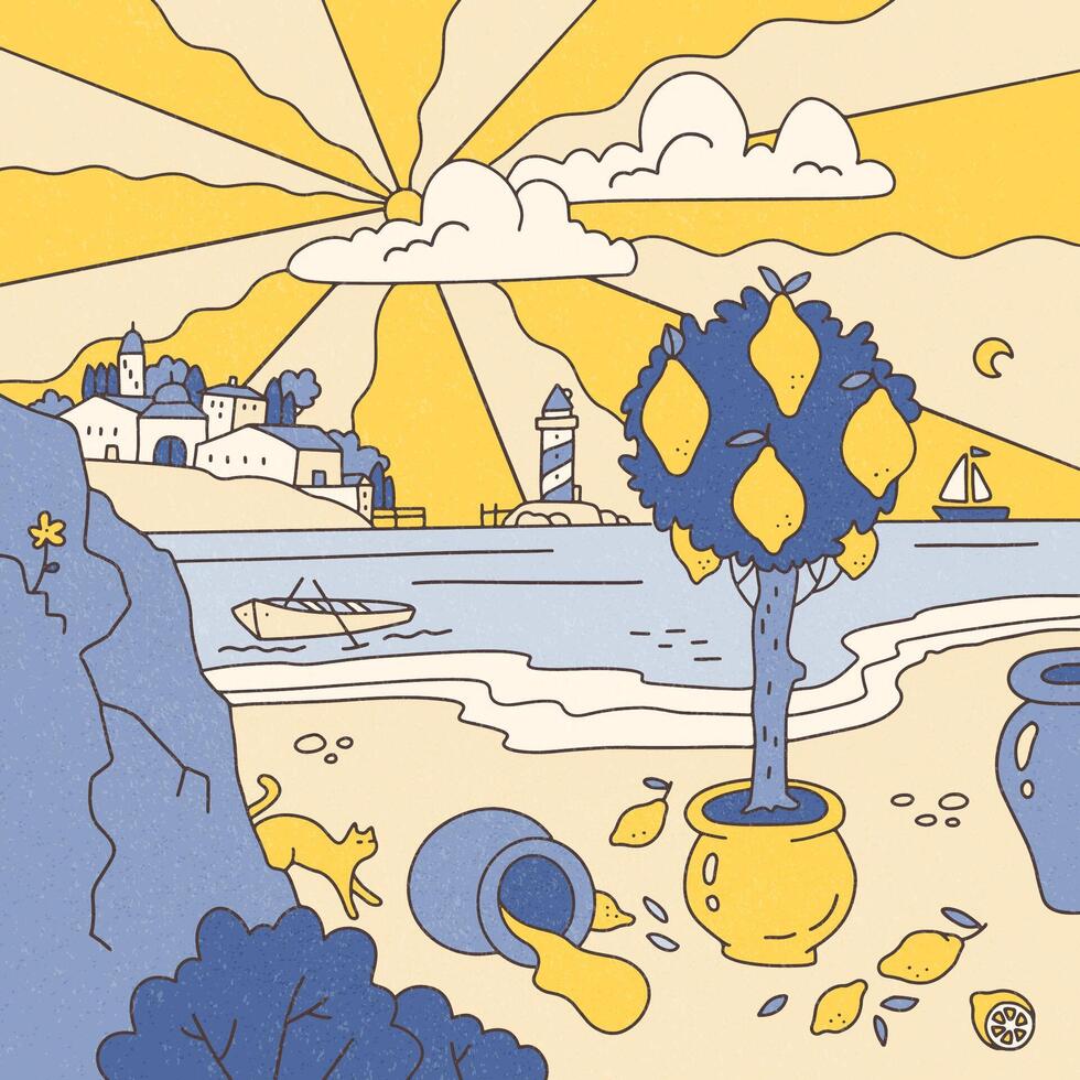 Landscape with sun and lemon tree on sandy shore of Mediterranean sea in trippy doodle style. Vintage summer vibe. Flat hand drawn illustration. vector
