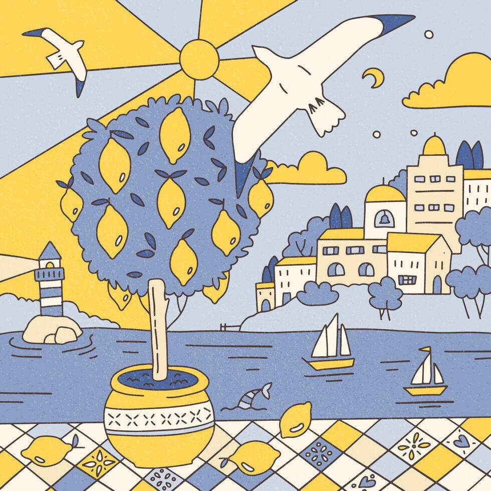 Lemon resort landscape with seagulls on the Mediterranean coast in trippy doodle style. Vintage summer vibe. Flat hand drawn illustration. vector